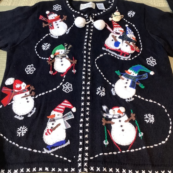 Lemon Grass Womens Holiday Snowman Sweater Skiing Snowman Size Small Black - Picture 3 of 7